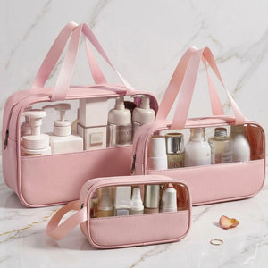 Transparent Makeup & Toiletry Organizer Bag Set | Waterproof Travel Cosmetic Storage Pouches with Handle (Pink)