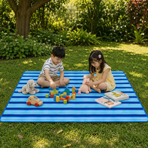 Foldable Beach & Picnic Mat 150×180cm | Waterproof Outdoor Blanket with Carry Handle | Blue Striped Camping & Travel Mat