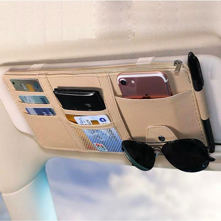 PU Leather Car Sun Visor Organizer | Multi-Pocket Storage | Glasses & Phone Holder