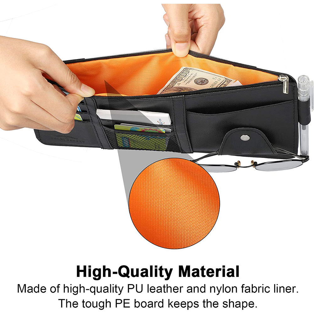 PU Leather Car Sun Visor Organizer | Multi-Pocket Storage | Glasses & Phone Holder