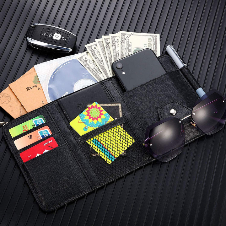 PU Leather Car Sun Visor Organizer | Multi-Pocket Storage | Glasses & Phone Holder
