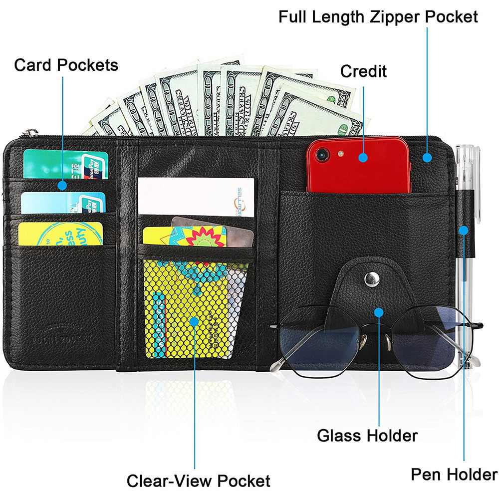 PU Leather Car Sun Visor Organizer | Multi-Pocket Storage | Glasses & Phone Holder