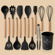 12-Piece Silicone Kitchen Utensil Set with Wooden Handles & Holder | Heat Resistant Non-Stick Cooking and Baking Tools