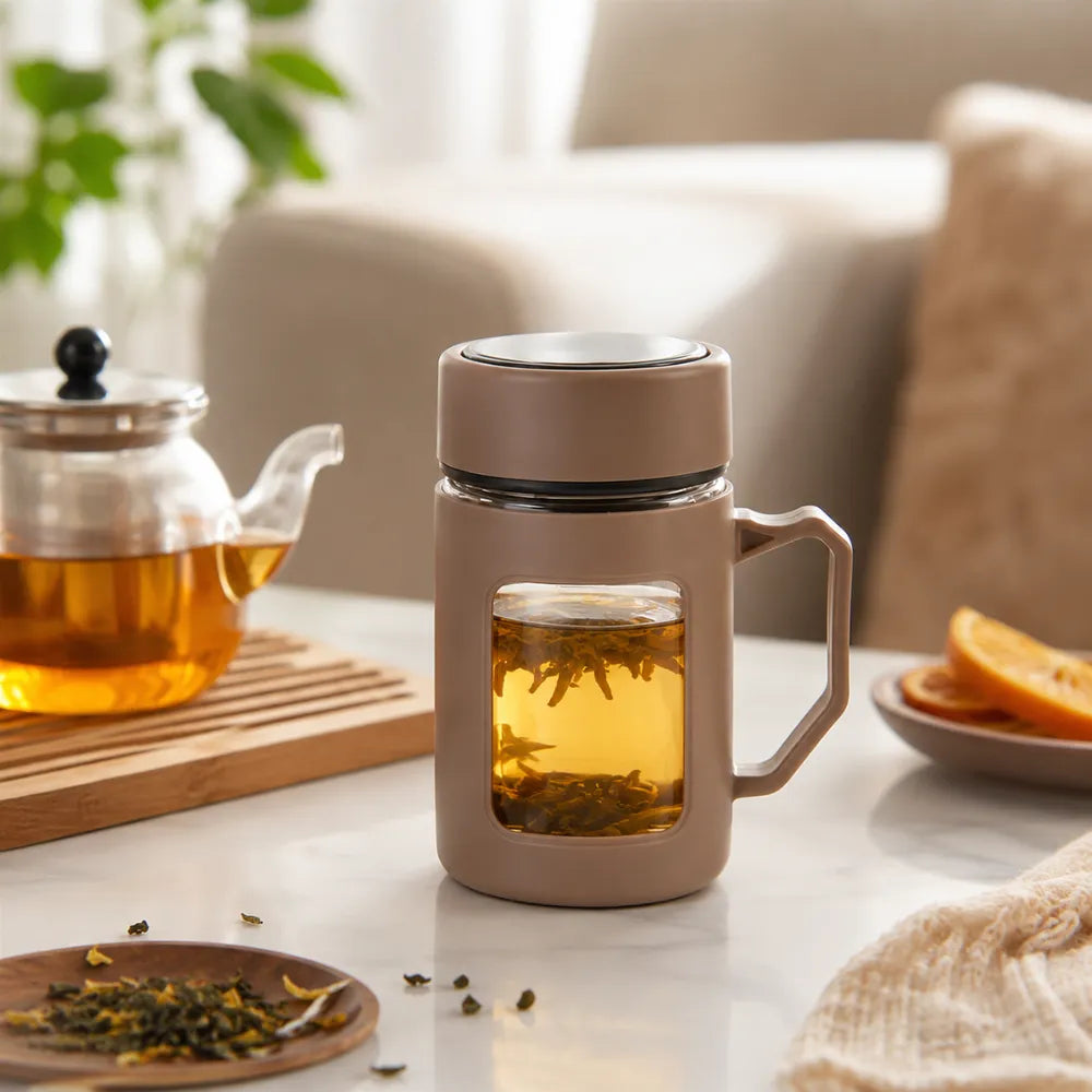 500ml Double Wall Borosilicate Glass Tea Mug with Lid & Handle | Heat-Resistant Coffee Cup | Portable Travel Tumbler for Home & Office