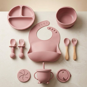 Silicone Baby Feeding Set | Complete Baby-Led Weaning Kit with Bib, Suction Bowl, Divided Plate, Cup, Spoon & Fork