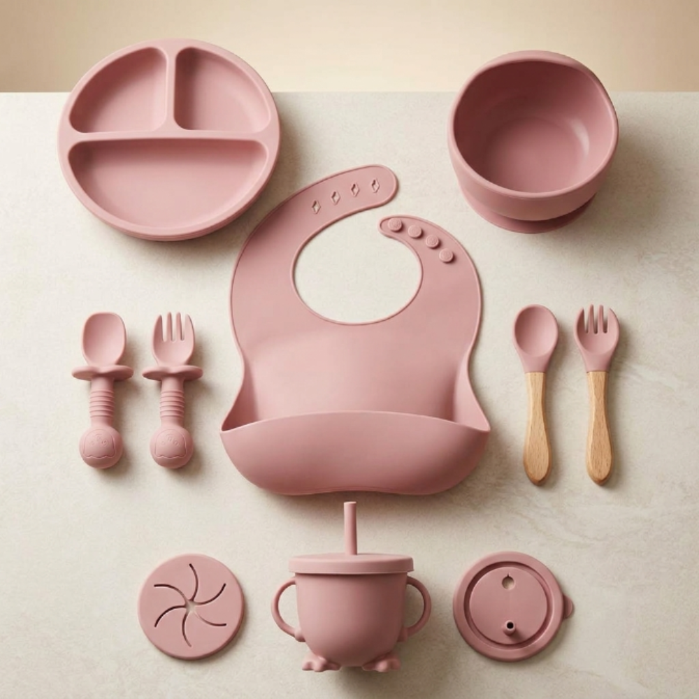 Silicone Baby Feeding Set | Complete Baby-Led Weaning Kit with Bib, Suction Bowl, Divided Plate, Cup, Spoon & Fork