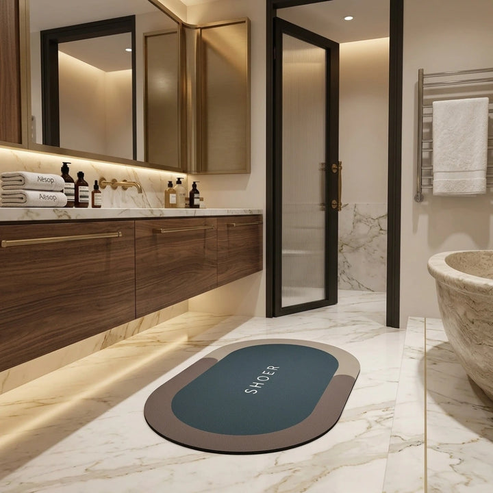 Modern Oval Anti-Slip Bathroom Floor Mat | Soft Absorbent Waterproof Door Rug for Bathroom, Bedroom & Entryway | Minimal Blue Home Decor Mat