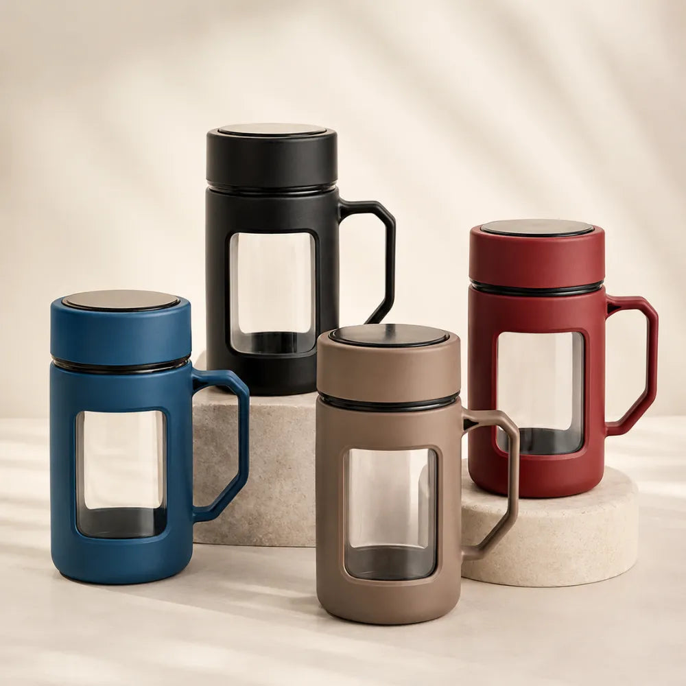 500ml Double Wall Borosilicate Glass Tea Mug with Lid & Handle | Heat-Resistant Coffee Cup | Portable Travel Tumbler for Home & Office