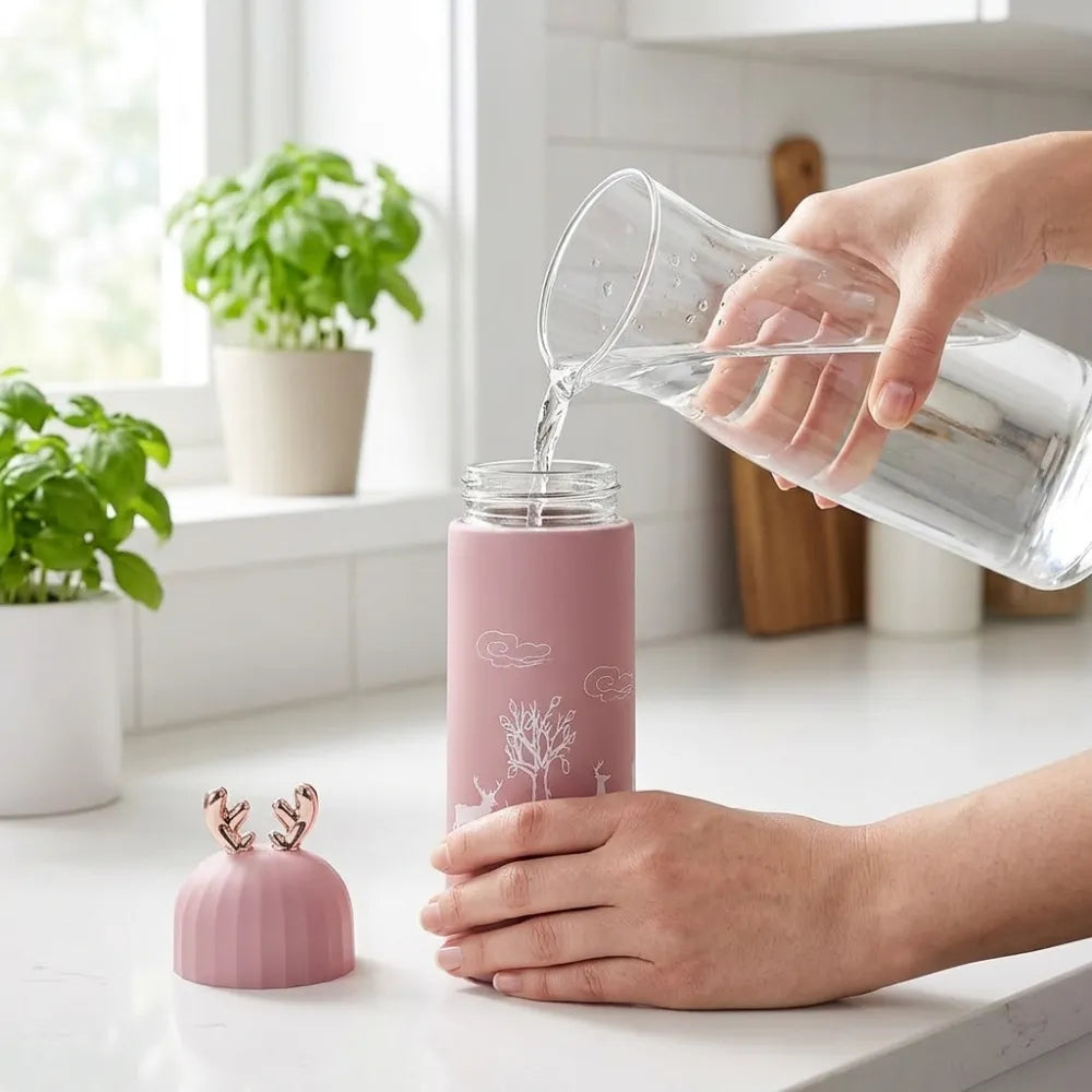 350ml Cute Deer Glass Water Bottle | Leakproof Insulated Flask with Antler Lid | BPA-Free Reusable Sipper for Kids, Girls & Travel (1Pcs)