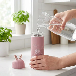 350ml Cute Deer Glass Water Bottle | Leakproof Insulated Flask with Antler Lid | BPA-Free Reusable Sipper for Kids, Girls & Travel (1Pcs)