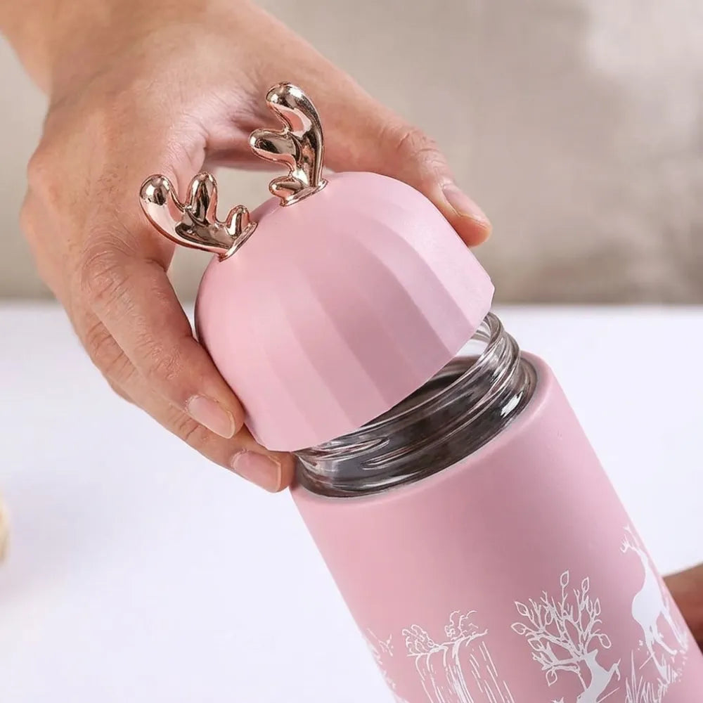 350ml Cute Deer Glass Water Bottle | Leakproof Insulated Flask with Antler Lid | BPA-Free Reusable Sipper for Kids, Girls & Travel (1Pcs)