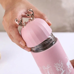 350ml Cute Deer Glass Water Bottle | Leakproof Insulated Flask with Antler Lid | BPA-Free Reusable Sipper for Kids, Girls & Travel (1Pcs)
