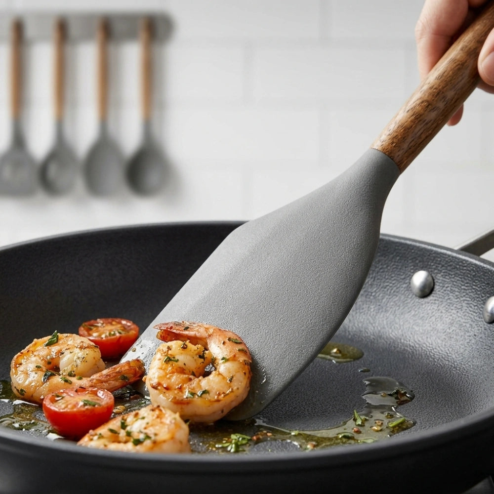 5-Piece Silicone Kitchen Utensil Set with Wooden Handles | Non-Stick Cooking Spatulas, Turner, Serving Spoon & Soup Ladle, Heat Resistant Kitchen Tools