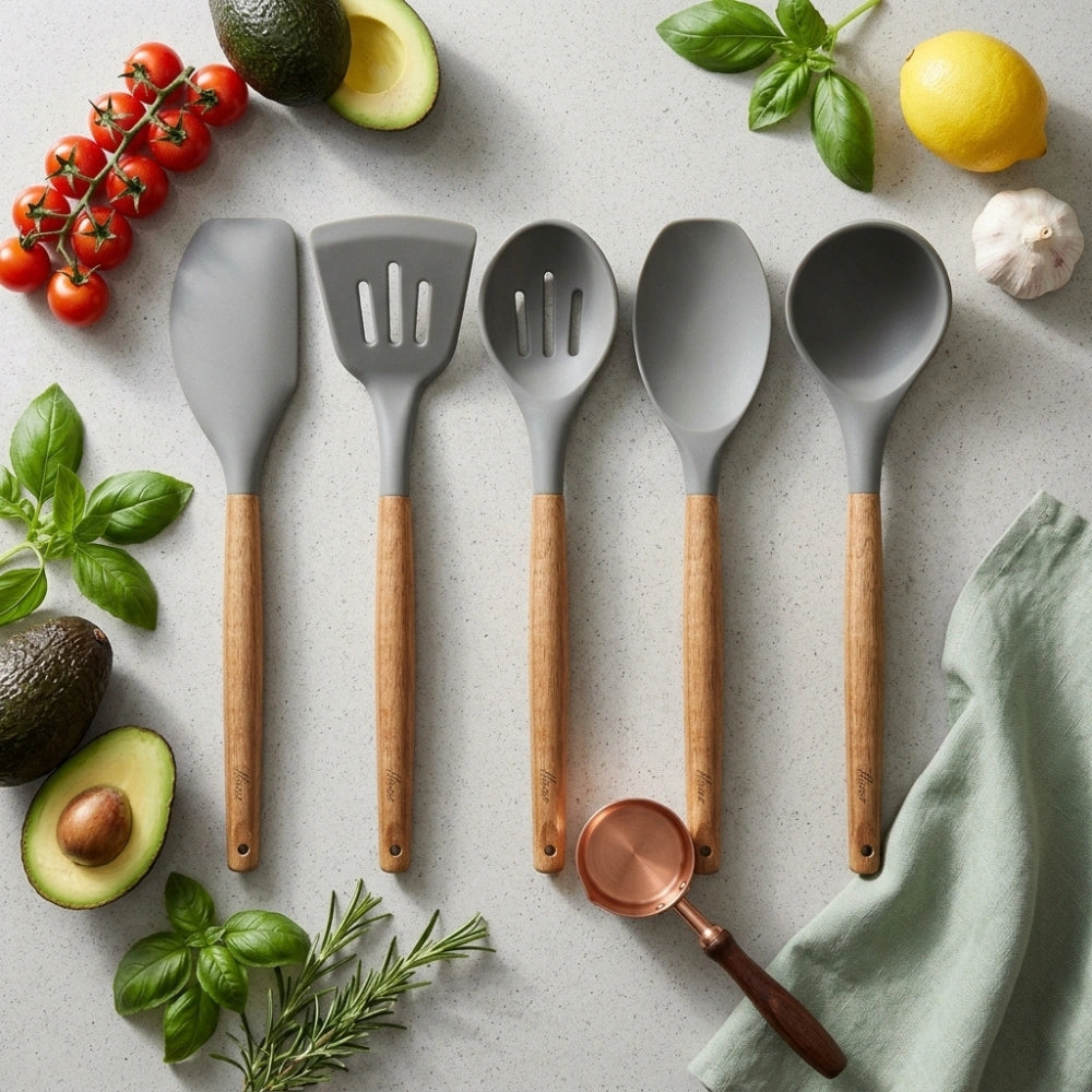 5-Piece Silicone Kitchen Utensil Set with Wooden Handles | Non-Stick Cooking Spatulas, Turner, Serving Spoon & Soup Ladle, Heat Resistant Kitchen Tools