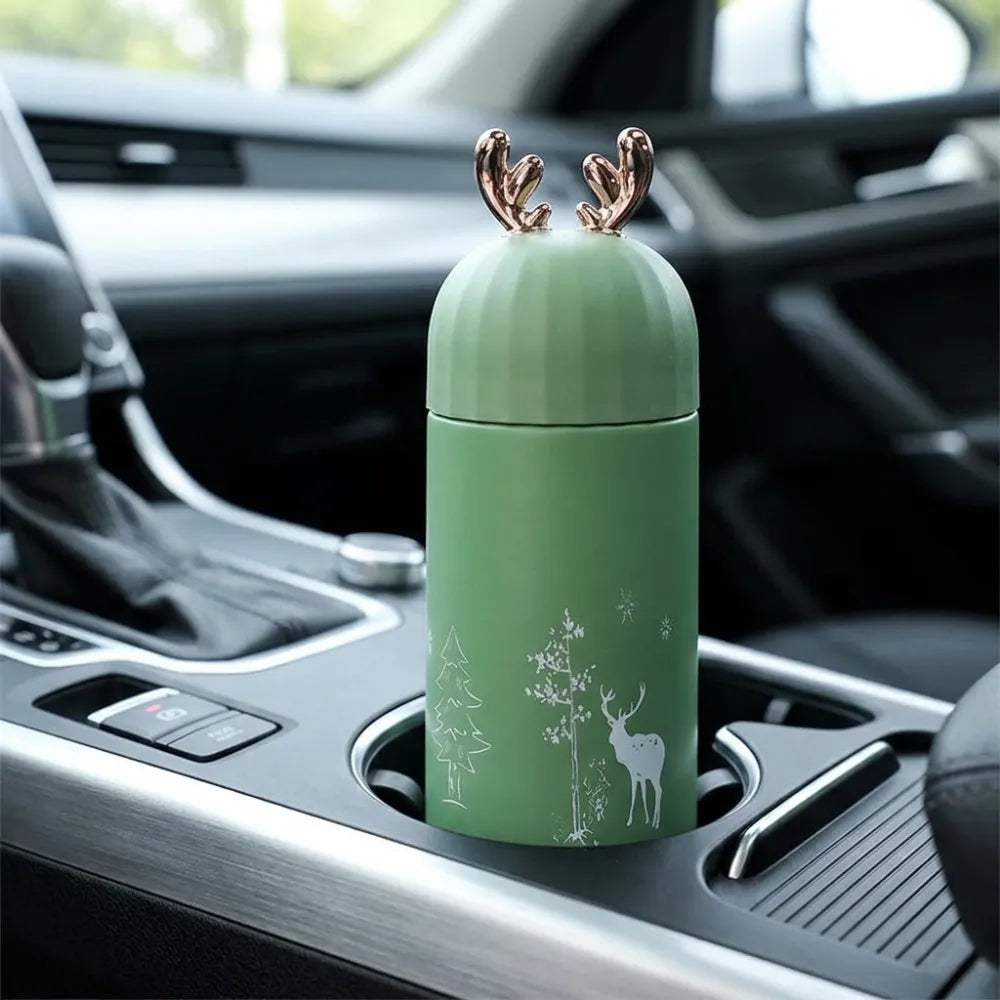 350ml Cute Deer Glass Water Bottle | Leakproof Insulated Flask with Antler Lid | BPA-Free Reusable Sipper for Kids, Girls & Travel (1Pcs)