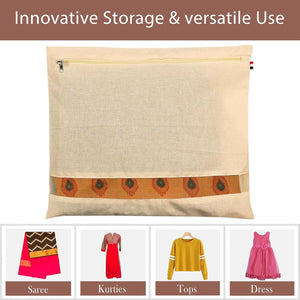 Cotton Saree Storage Bags | Large 16x14 Inch Clothes Organizer with Zip Closure & Transparent Window for Wardrobe
