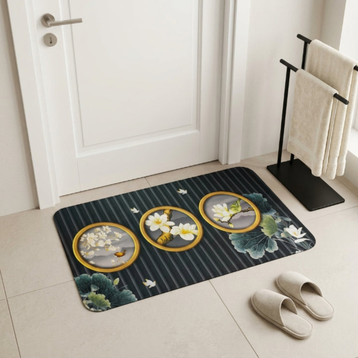 Luxury Floral Oval Anti-Slip Bath Mat | Soft Absorbent Quick Dry Bathroom Floor Rug | Modern Waterproof Door Mat