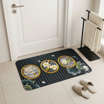 Luxury Floral Oval Anti-Slip Bath Mat | Soft Absorbent Quick Dry Bathroom Floor Rug | Modern Waterproof Door Mat