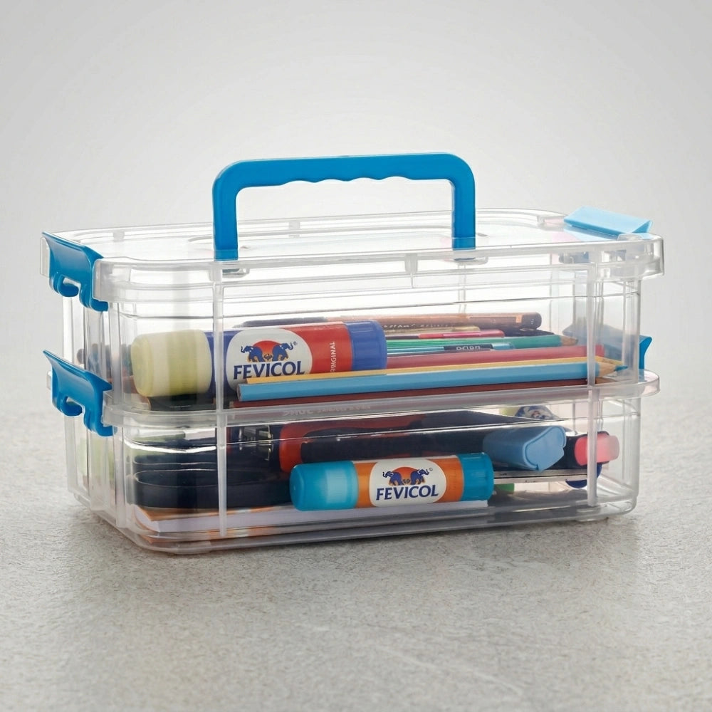 2 Layer Clear Plastic Storage Box with Lid & Handle | Portable Stackable Organizer for Stationery, Crafts, Sewing & Art Supplies