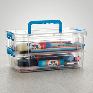 2 Layer Clear Plastic Storage Box with Lid & Handle | Portable Stackable Organizer for Stationery, Crafts, Sewing & Art Supplies