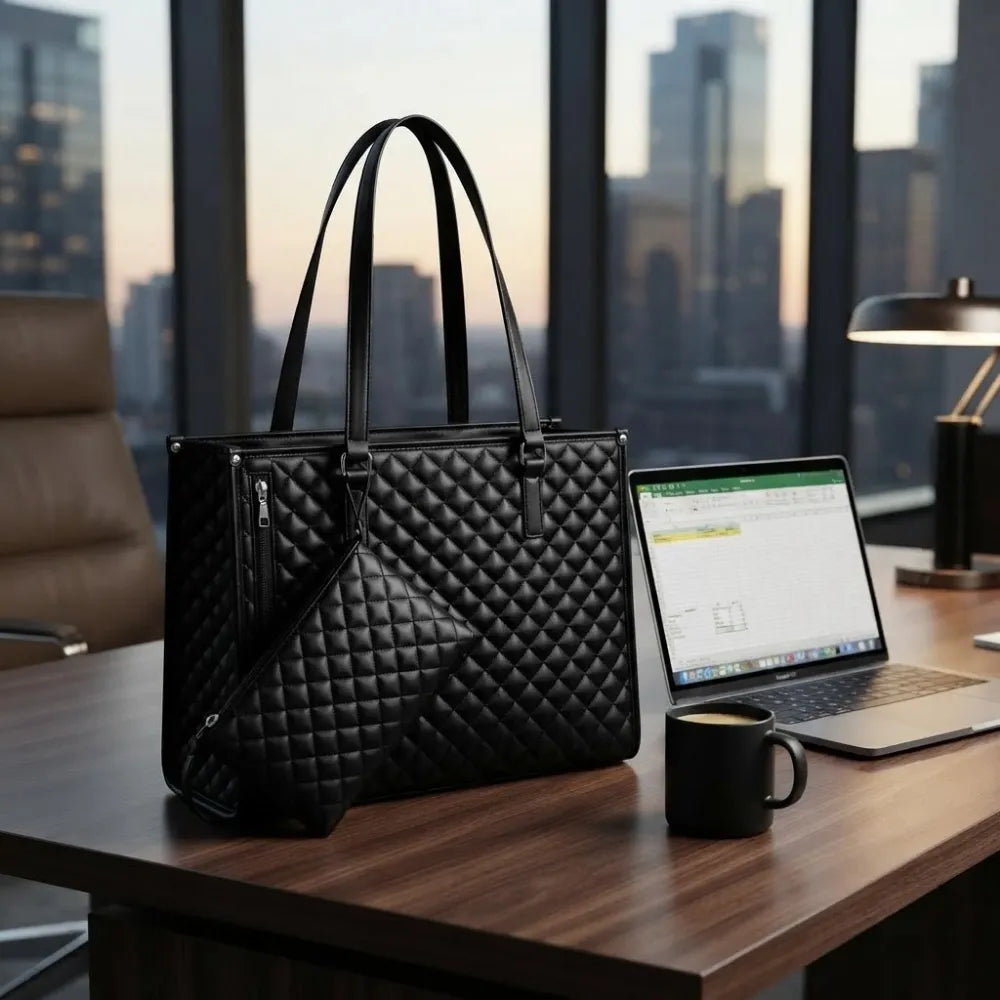 Elegant Laptop Tote Bag with Insulated Lunch Compartment | Stylish Quilted Work Shoulder Bag for Women, Office & Travel