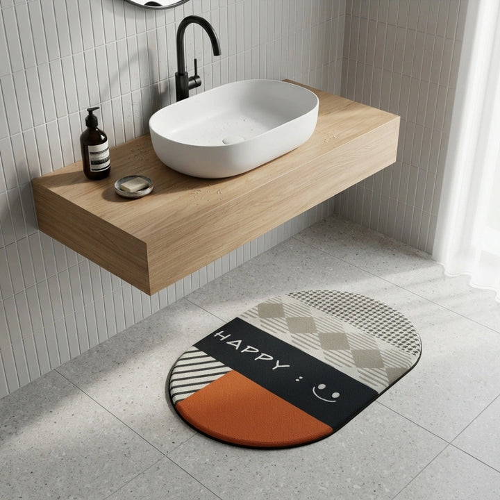 Modern Happy Print Anti-Slip Bathroom Mat | Soft Absorbent Quick Dry Bath Rug | Stylish Washroom Floor Carpet
