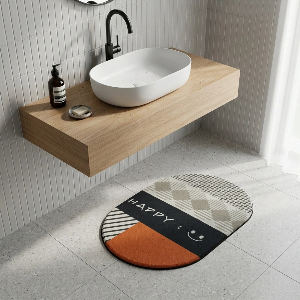 Modern Happy Print Anti-Slip Bathroom Mat | Soft Absorbent Quick Dry Bath Rug | Stylish Washroom Floor Carpet