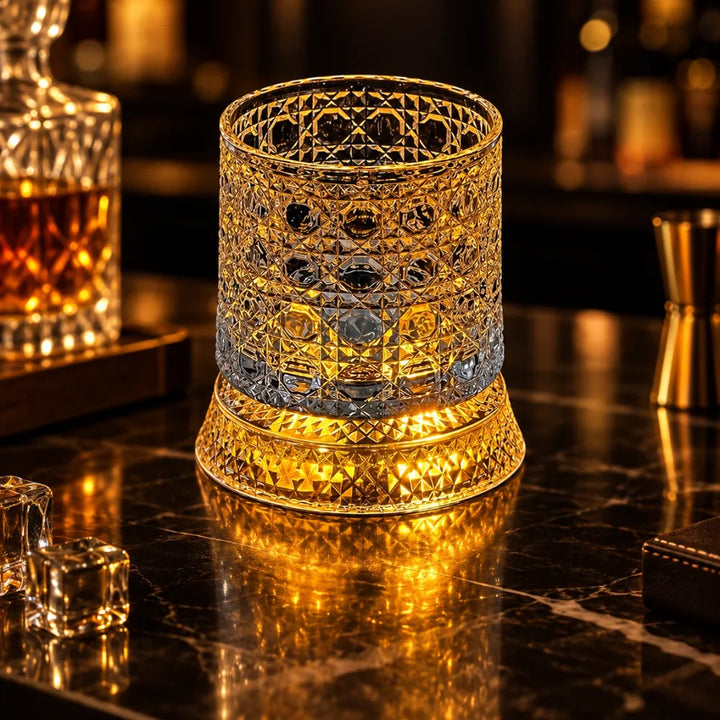 LED Rotating Whiskey Glasses 300ml – Pack of 2 | Crystal Cut 360° Spinning Rocks Glasses with LED Base for Whiskey, Scotch & Cocktails