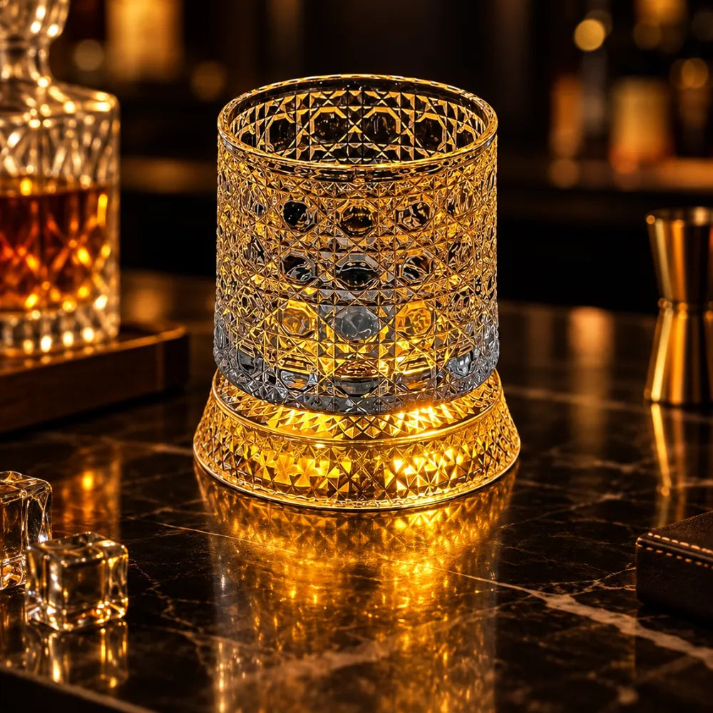 LED Rotating Whiskey Glasses 300ml – Pack of 2 | Crystal Cut 360° Spinning Rocks Glasses with LED Base for Whiskey, Scotch & Cocktails