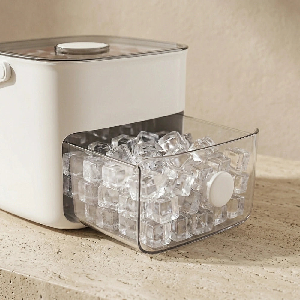 Double Layer Ice Cube Maker with Storage Box, BPA-Free Plastic, Push-Button Release, Transparent Drawer, Carry Handle