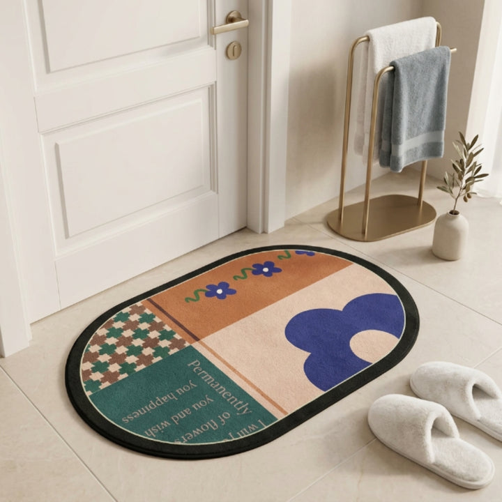 Boho Abstract Oval Anti-Slip Bath Mat | Soft Absorbent Quick Dry Bathroom Floor Rug Modern Floral Door Mat