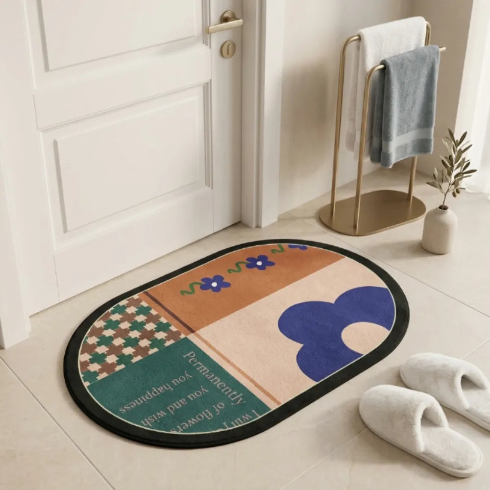 Boho Abstract Oval Anti-Slip Bath Mat | Soft Absorbent Quick Dry Bathroom Floor Rug Modern Floral Door Mat