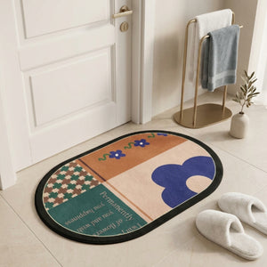 Boho Abstract Oval Anti-Slip Bath Mat | Soft Absorbent Quick Dry Bathroom Floor Rug Modern Floral Door Mat