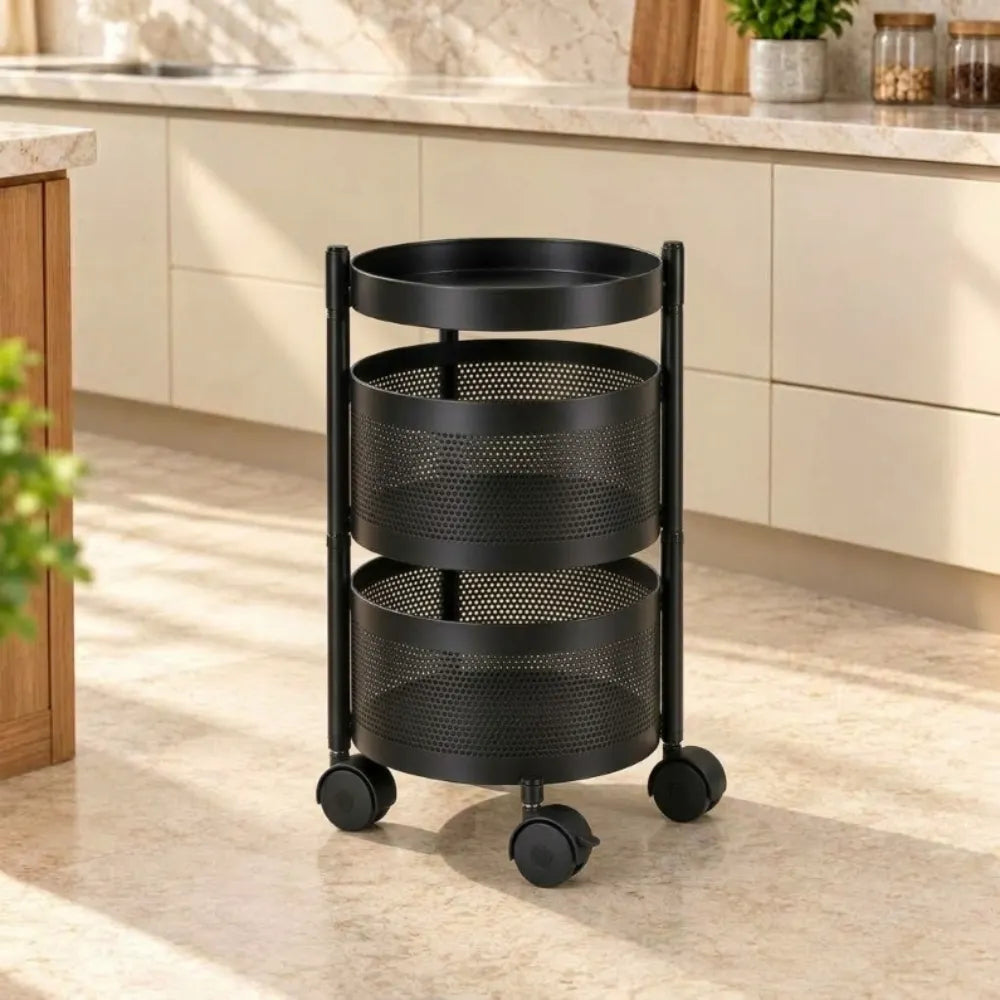 2-Layer Round Multipurpose Storage Trolley with Wheels | Rotating Organizer for Home & Office