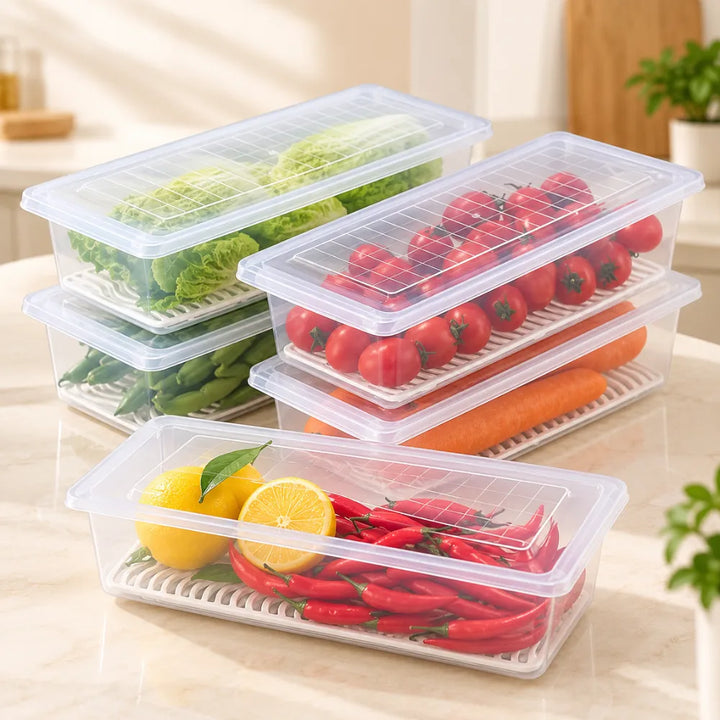 Fridge Storage Containers Set | Stackable Freezer Organizer Boxes with Drain Tray & Airtight Lids, Heavy-Duty Food Storage for Meat, Fruits & Vegetables
