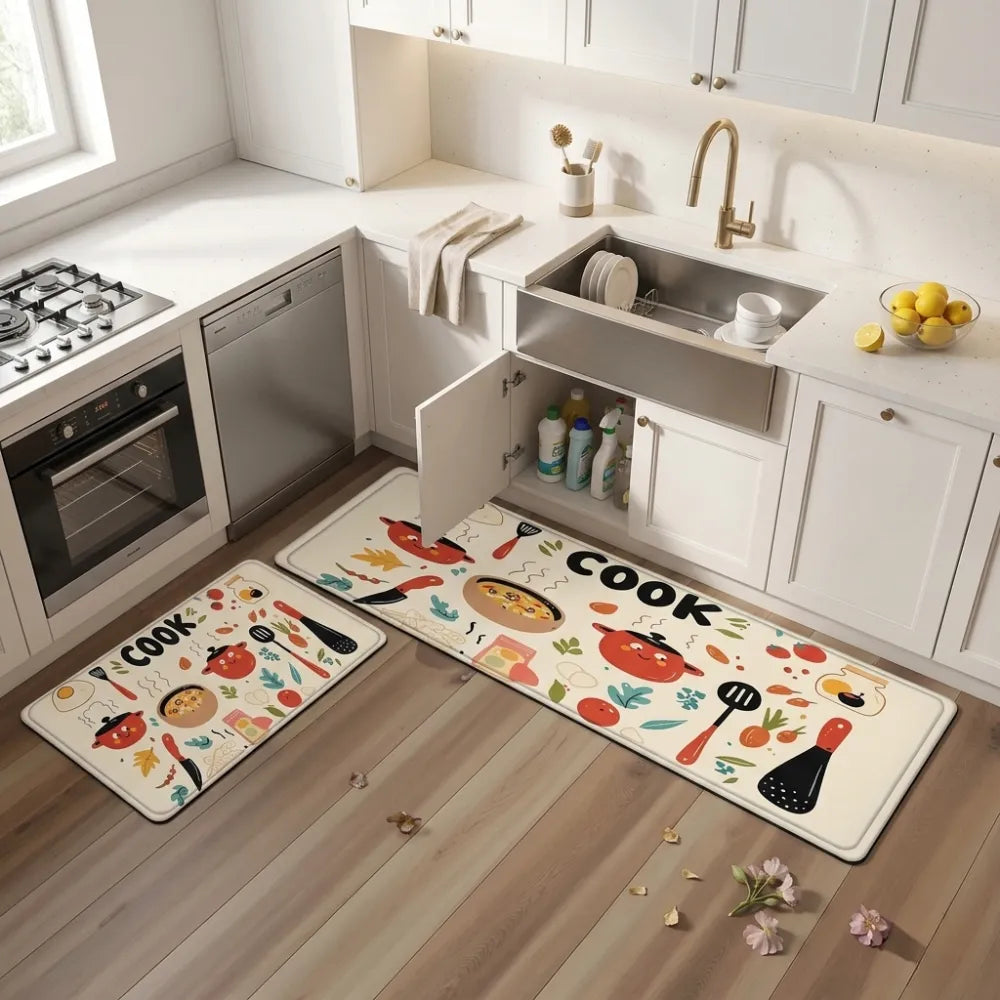 2-Piece “Cook” Kitchen Mat Set | Waterproof Non-Slip Anti-Fatigue Cushioned Rugs for Kitchen Floor & Standing Comfort