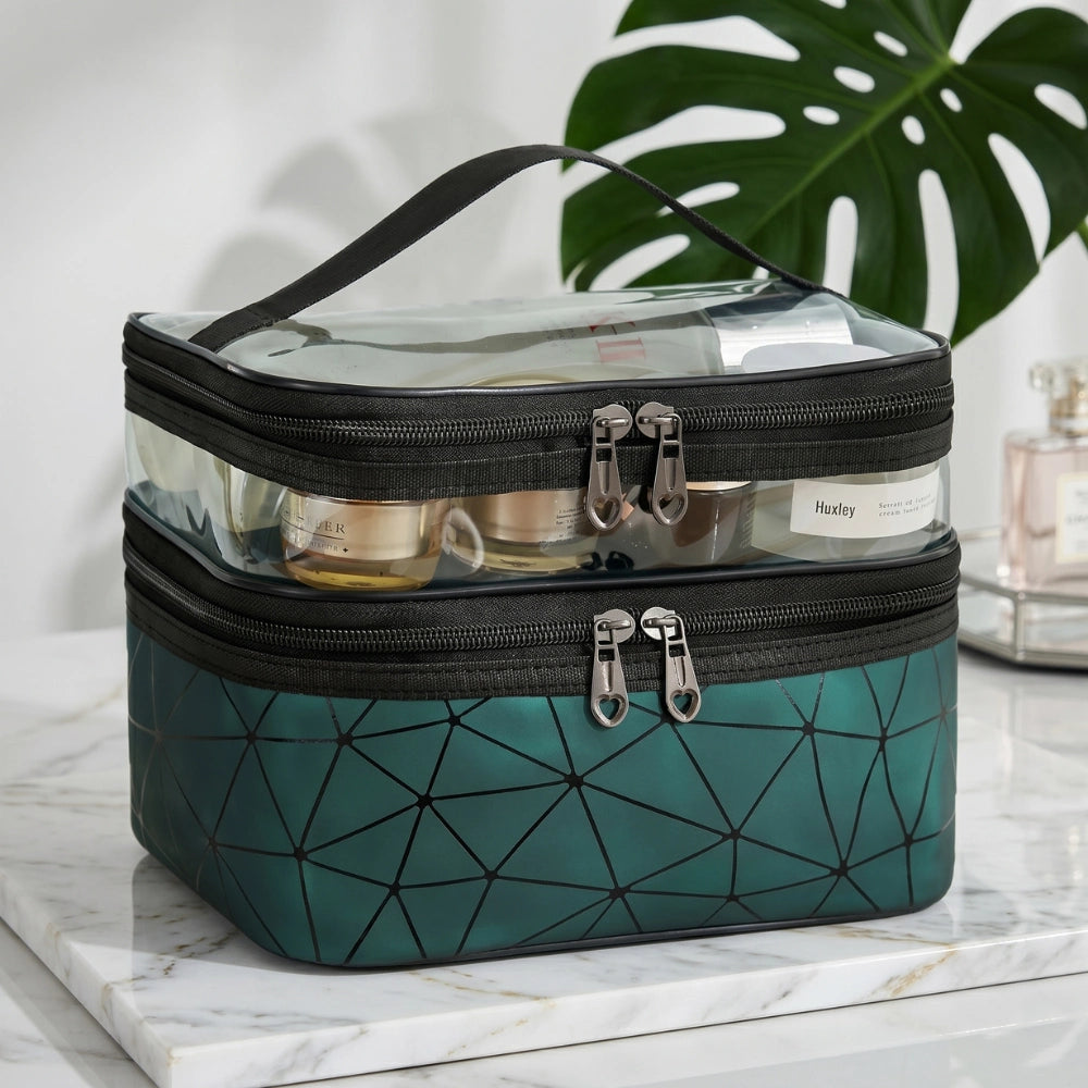 Double Layer Makeup Organizer Bag – Large Travel Cosmetic Storage Pouch with Zipper