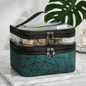 Double Layer Makeup Organizer Bag – Large Travel Cosmetic Storage Pouch with Zipper