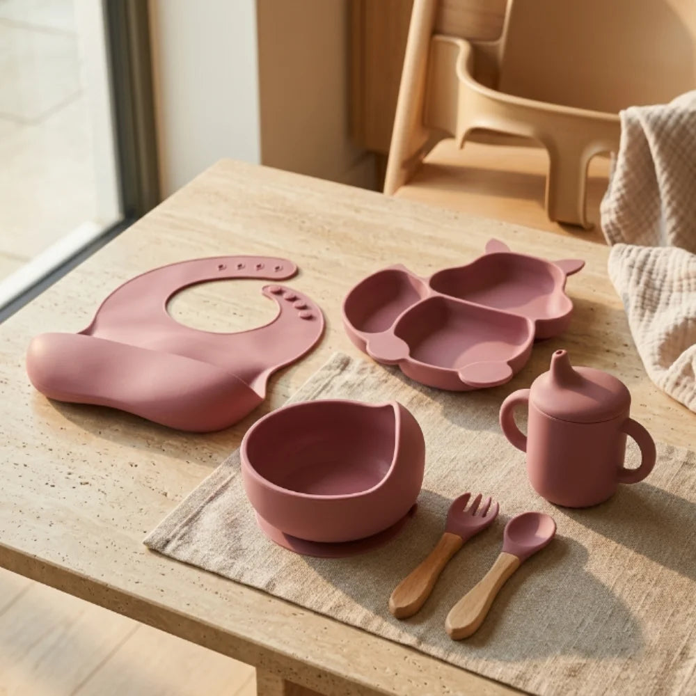 Cat Shaped Silicone Baby Feeding Set | 6 Piece BPA-Free Baby-Led Weaning Kit with Bib, Suction Bowl, Plate, Cup, Spoon & Fork