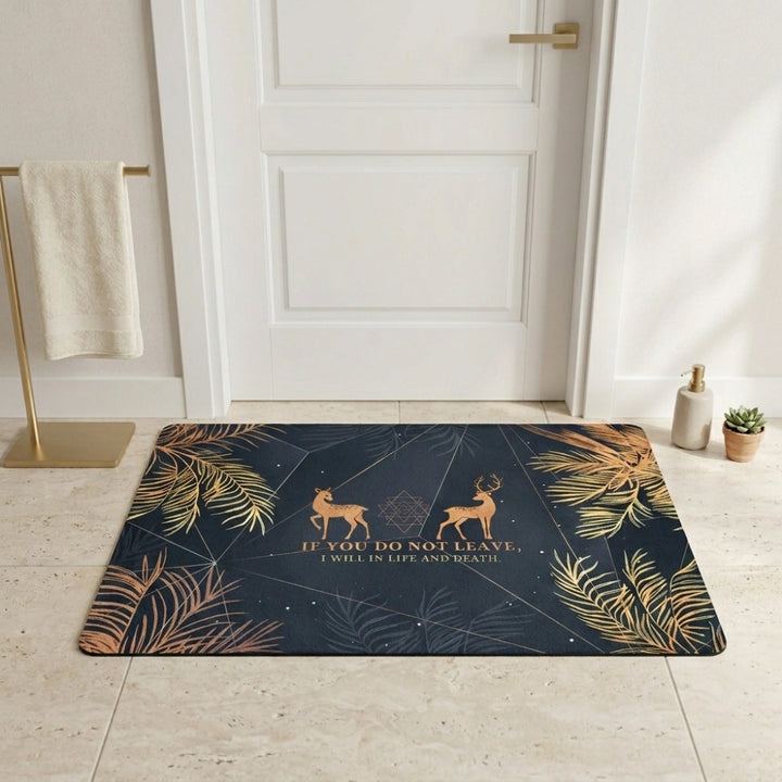 Mystic Deer Quote Bath Mat | Non Slip Bathroom Rug with Gold Leaf Boho Spa Decor
