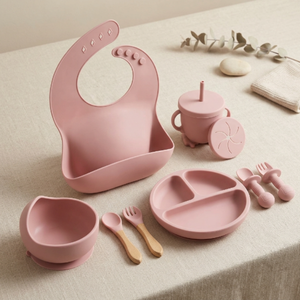 Silicone Baby Feeding Set | Complete Baby-Led Weaning Kit with Bib, Suction Bowl, Divided Plate, Cup, Spoon & Fork