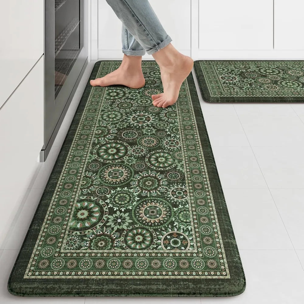 2-Piece Emerald Green Mandala Kitchen Mat Set | Vintage Floral Medallion Non-Slip Anti-Fatigue Washable Runner Rugs for Kitchen & Hallway