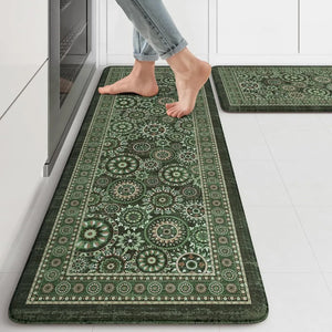 2-Piece Emerald Green Mandala Kitchen Mat Set | Vintage Floral Medallion Non-Slip Anti-Fatigue Washable Runner Rugs for Kitchen & Hallway