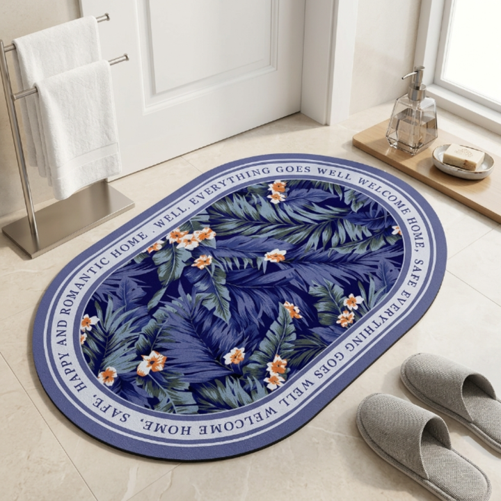 Floral Oval Bathroom Floor Mat Set | Soft Non-Slip Absorbent Bath Rug Modern Decorative Washable Door & Bathroom Mat