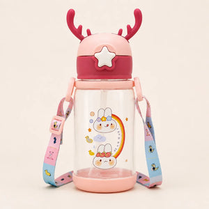 600ml Cute Cartoon Kids Water Bottle with Straw & Strap | Leakproof BPA-Free Sipper Bottle with Reindeer Antlers Cap for School & Travel