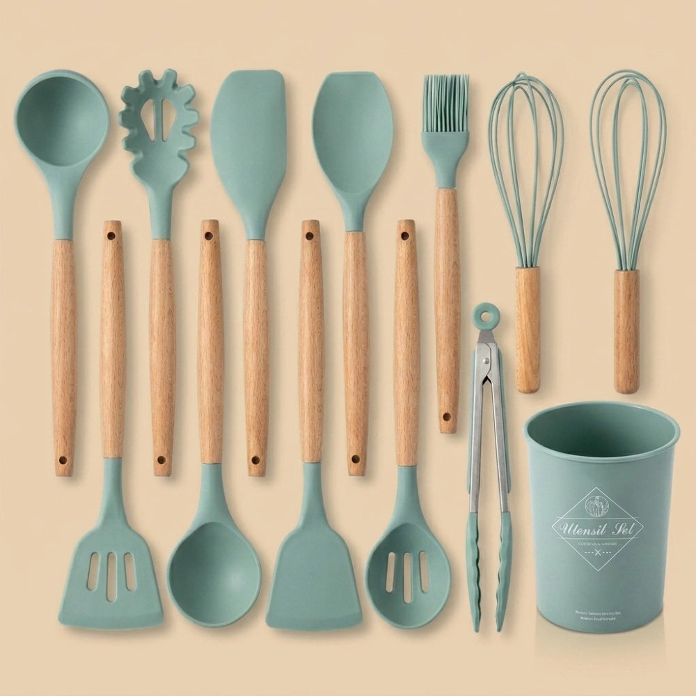 12-Piece Silicone Kitchen Utensil Set with Wooden Handles & Holder | Heat Resistant Non-Stick Cooking and Baking Tools