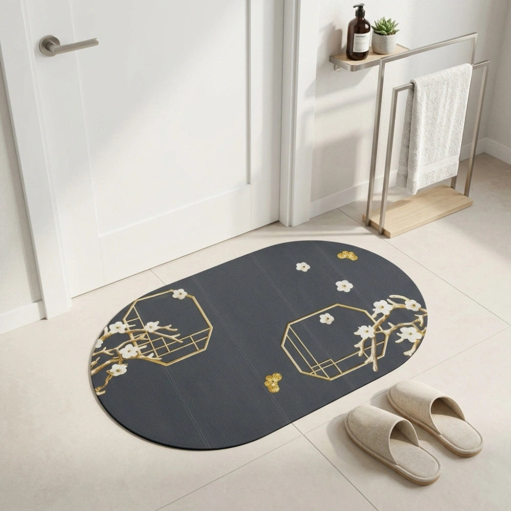Charcoal Oval Bath Mat with Gold Geometric & White Blossom | Soft Quick Dry Anti-Slip Absorbent Floor Rug for Bathroom Entrance & Bedroom