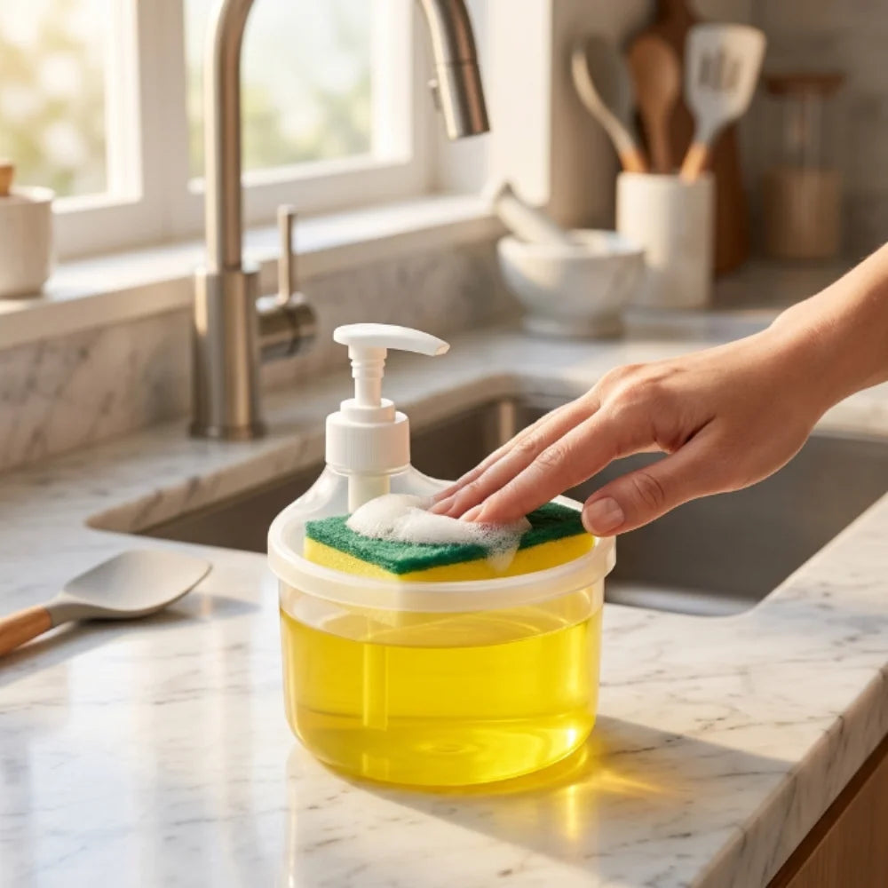 Press Type Liquid Soap Dispenser with Sponge Holder | Refillable Dishwashing Pump Container