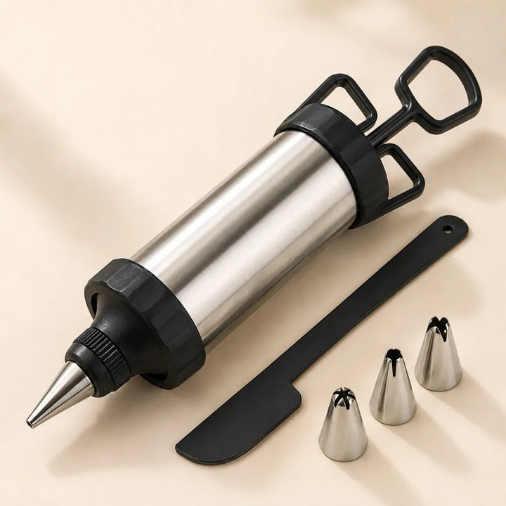 Stainless Steel Icing Gun Cake Decorating Kit | Pastry Syringe with Nozzles & Reusable Piping Bags for Cakes & Cupcakes