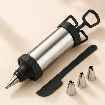 Stainless Steel Icing Gun Cake Decorating Kit | Pastry Syringe with Nozzles & Reusable Piping Bags for Cakes & Cupcakes